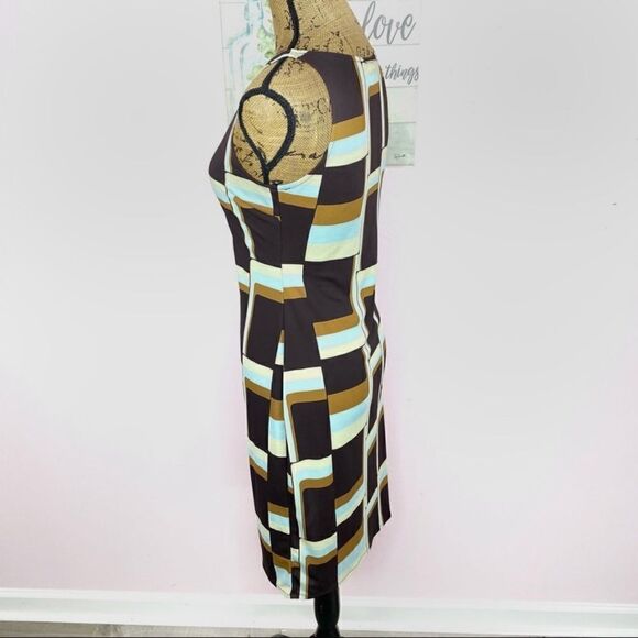 Kenneth Cole Retro Print Sleeveless Sheath Dress Brown Multi Small - Picture 2 of 11